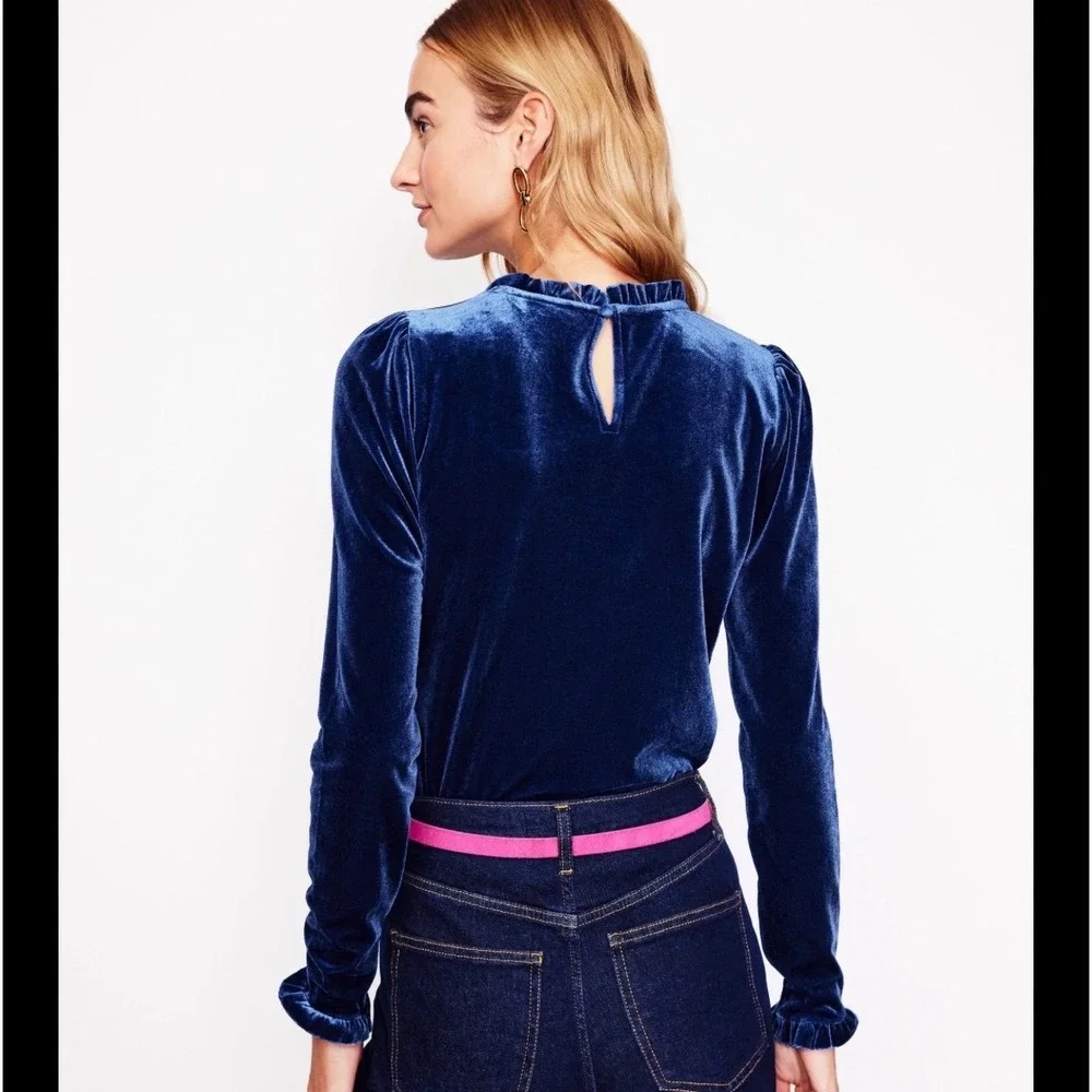 Boden Navy Blue Velvet Ruffle Neck Long Sleeve Top Blouse US 12 Luxe Festive